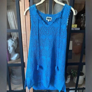 Mud Pie crochet coverup mini dress cobalt cerulean blue tassels sleeveless swim